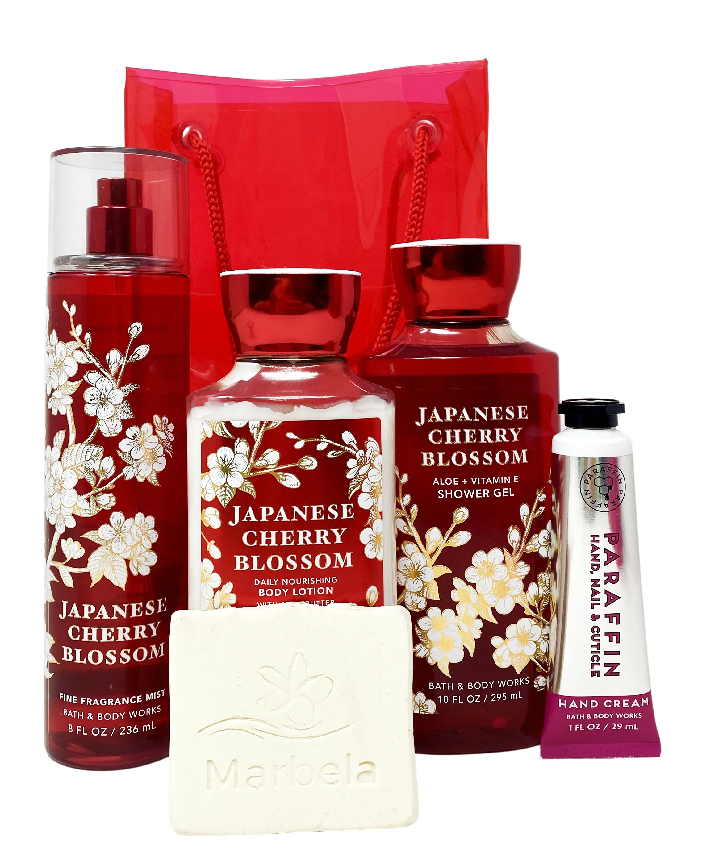 Bath & Body Works Japanese Cherry Blossom - Gift Bag Set - Fine Fragrance Mist, Shower Gel , Body Lotion and Hand Cream With a Natural Oats Sample Soap