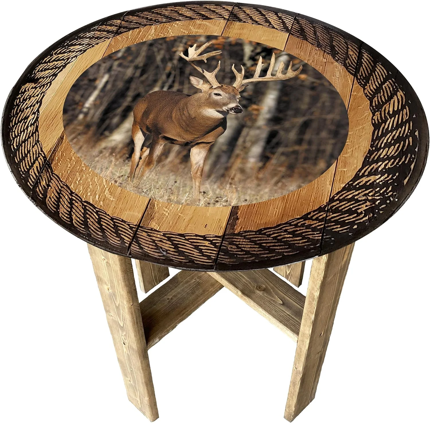 Big Whitetail Deer Pub Gift Farmhouse Rustic Round Whiskey Barrel End Table