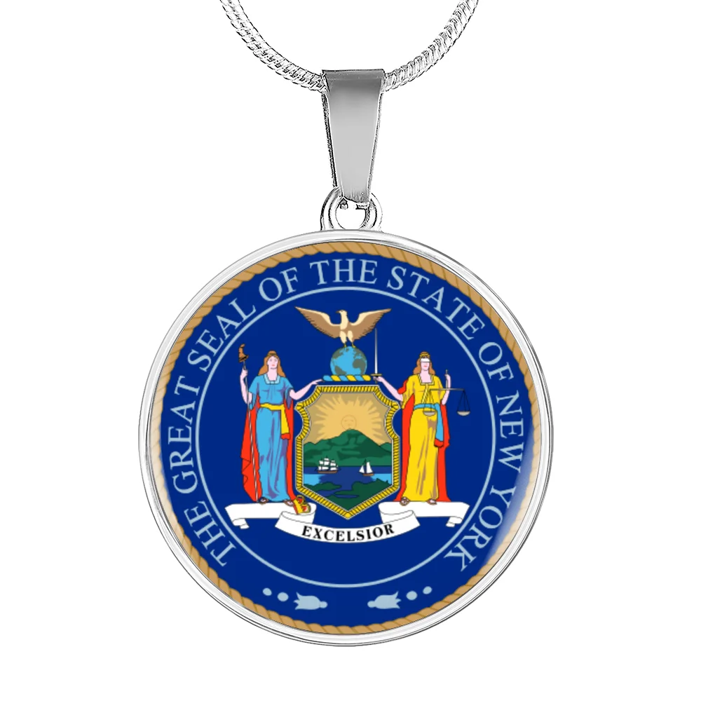 New York State Seal Necklace Circle Pendant Stainless Steel or 18k Gold 18-22