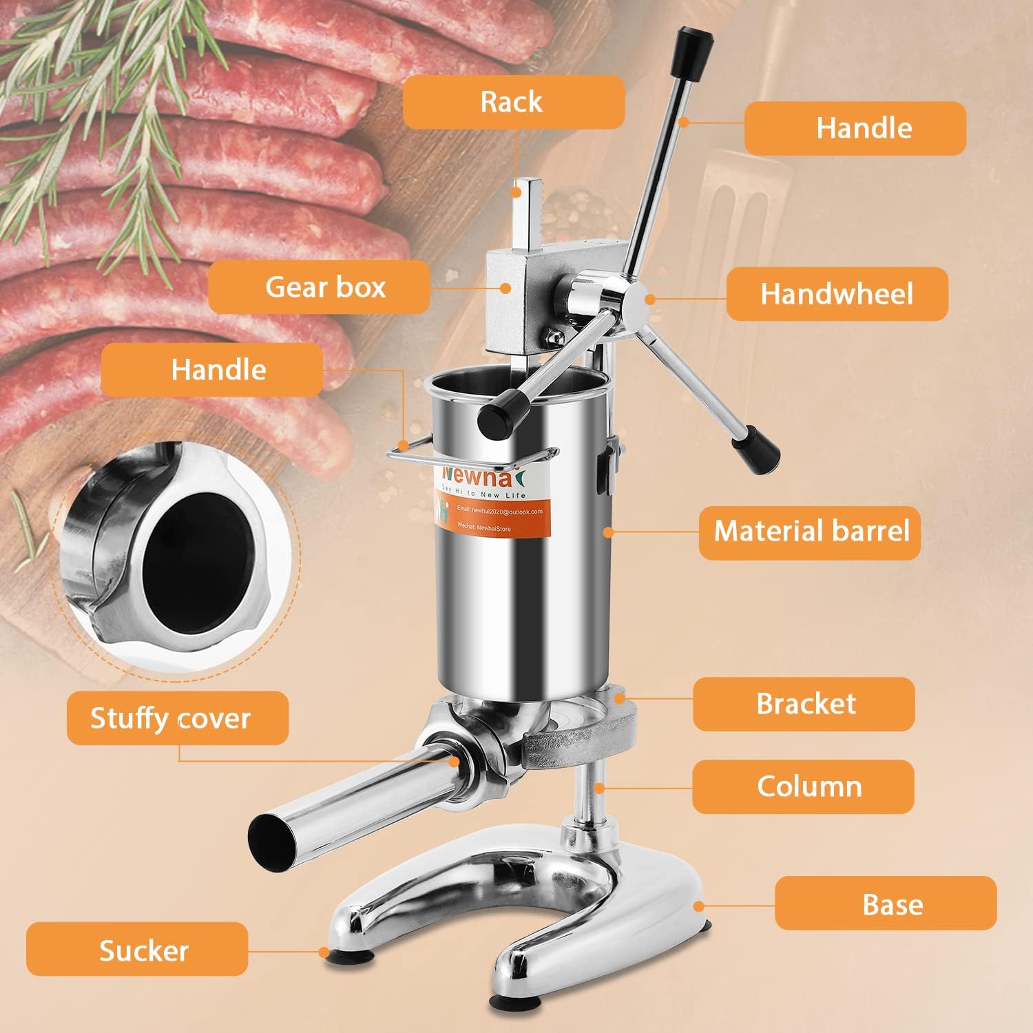 Newhai Manual Sausage Stuffer Stainless Steel Vertical Sausage Maker with 4 Sausage Tubes Meat Filler Home and Commercial Use (2L)
