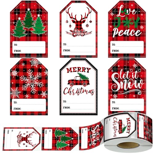 480 Pcs Christmas Gift Tag Stickers Self Adhesive Christmas Name Labels Buffalo Plaid Present Stickers Labels Xmas to and from Tag for Holiday Present Box Gift Wrapping Supplies(Classic Pattern)