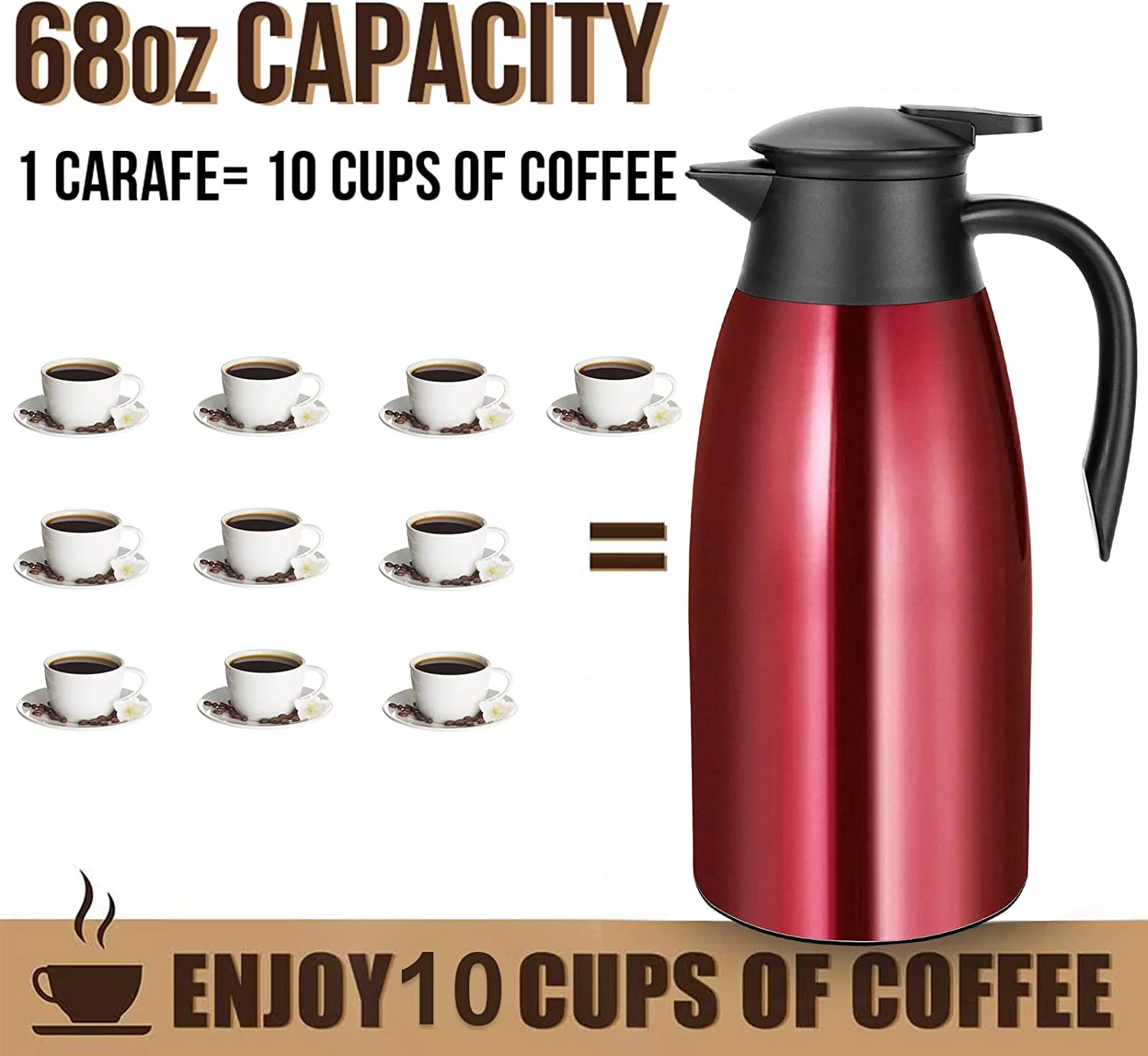 SSAWcasa Coffee Carafe 68oz Insulated Coffee Thermos Stainless Steel Vacuum Thermal Pot Flask for Coffee, Hot Water, Tea, Hot Beverage - Keep 12 Hours Hot, 24 Hours Cold (Red)