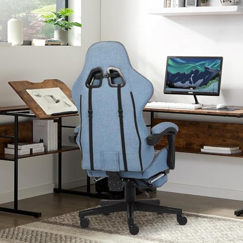 Gaming Chair, Computer Office Chair with Footrest, Linkage Armrests and Lumbar Support, High Back Ergonomic Gamer Chairs for Adults, Blue Fabric