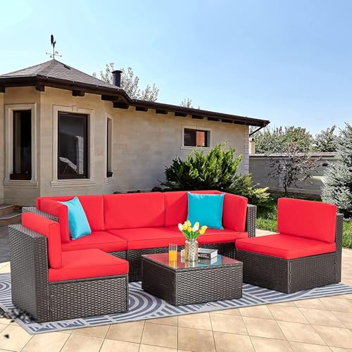 Vongrasig 5 Piece Patio Furniture Sets, All-Weather Brown PE Wicker Outdoor Couch Sectional Set, Small Conversation Set for Garden/Patio w/Ottoman, Glass Table, Red Pillow, Beige