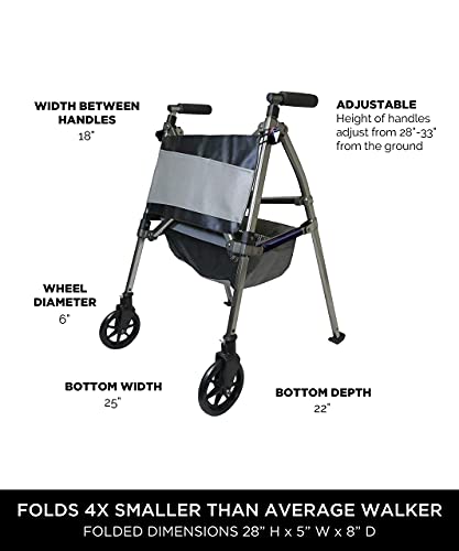 Elite Travel Walker Short, Junior Lightweight Folding Rolling Walker with Swivel Wheels for Adults, Seniors, and Elderly, Petite Walker, Height Adjustable with Ski Glides and Pouch