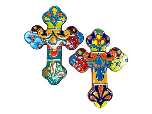 Talavera Cross Sculpture Folk Art Multicolor Mexican Pottery Home Decor Hand Painted Handmade Indoor Outdoor 12
