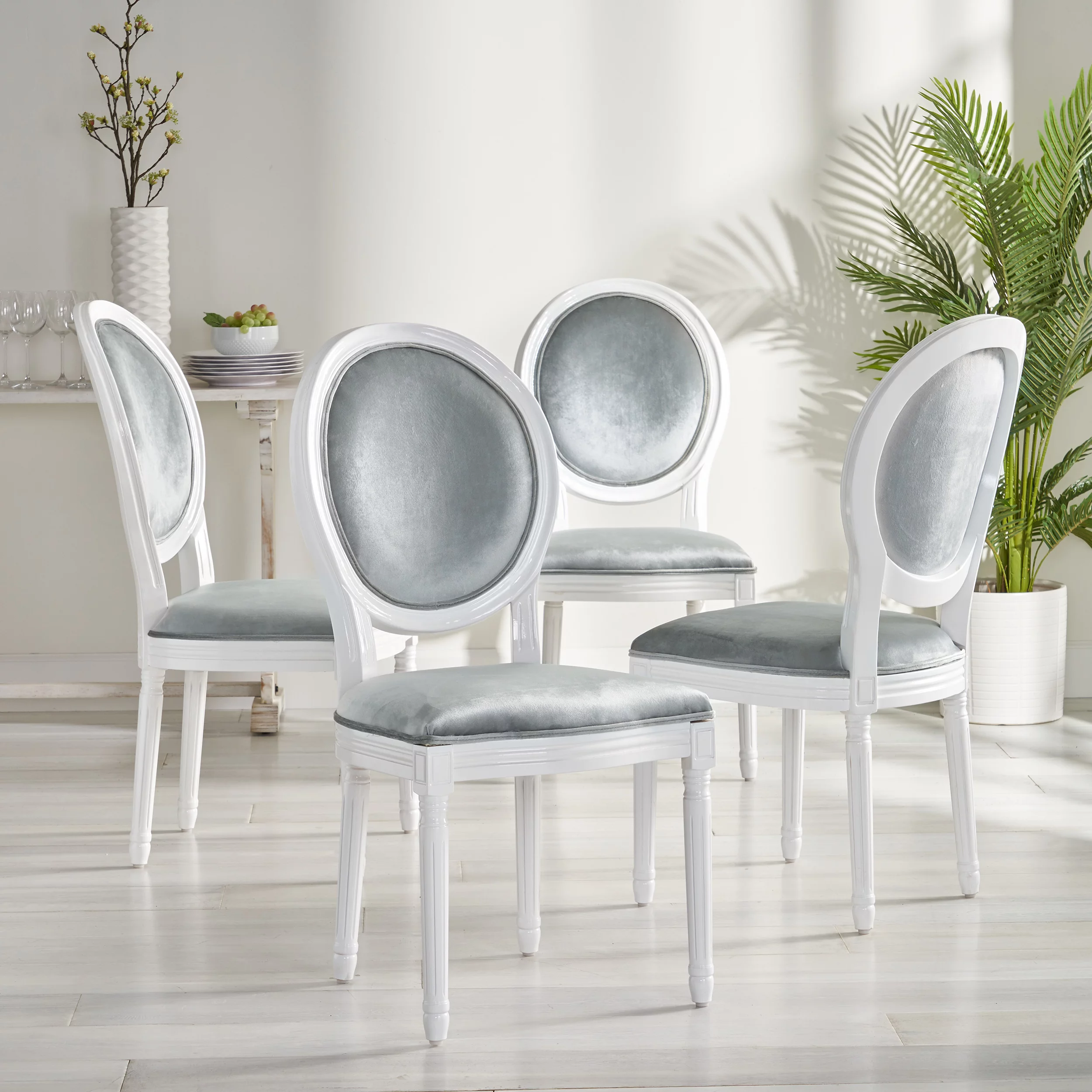 GDF Studio Lariya Contemporary Velvet Dining Chairs, Set of 4, Light Gray and Glossy White