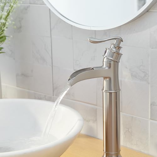 BWE Vessel Sink Faucet Waterfall Matte Black with Pop Up Drain Without Overflow and Supply Lines, Black Sink Faucet Bathroom One Handle Faucets Vanity Bath Mixer Tap