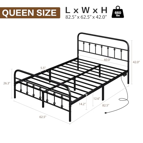 Full Bed Frame with Charging Station, Metal Platform Bed Frame-Mattress Foundation with LED/Headboard and Footboard/Under Bed Storage/No Box Spring Needed,Black