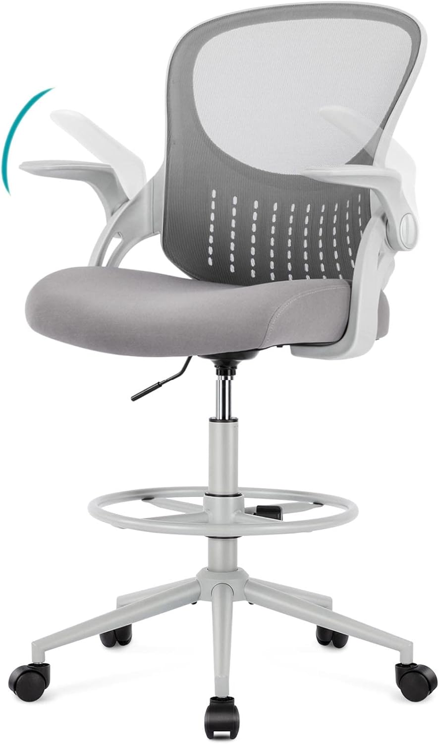 edx Drafting Chair Tall Office Chair, Tall Standing Desk Chair Counter Height Tall Adjustable Office Chair with Flip-up Arms/Wheels, Mid Back Mesh Office Drafting Chairs for Standing Desk, Grey