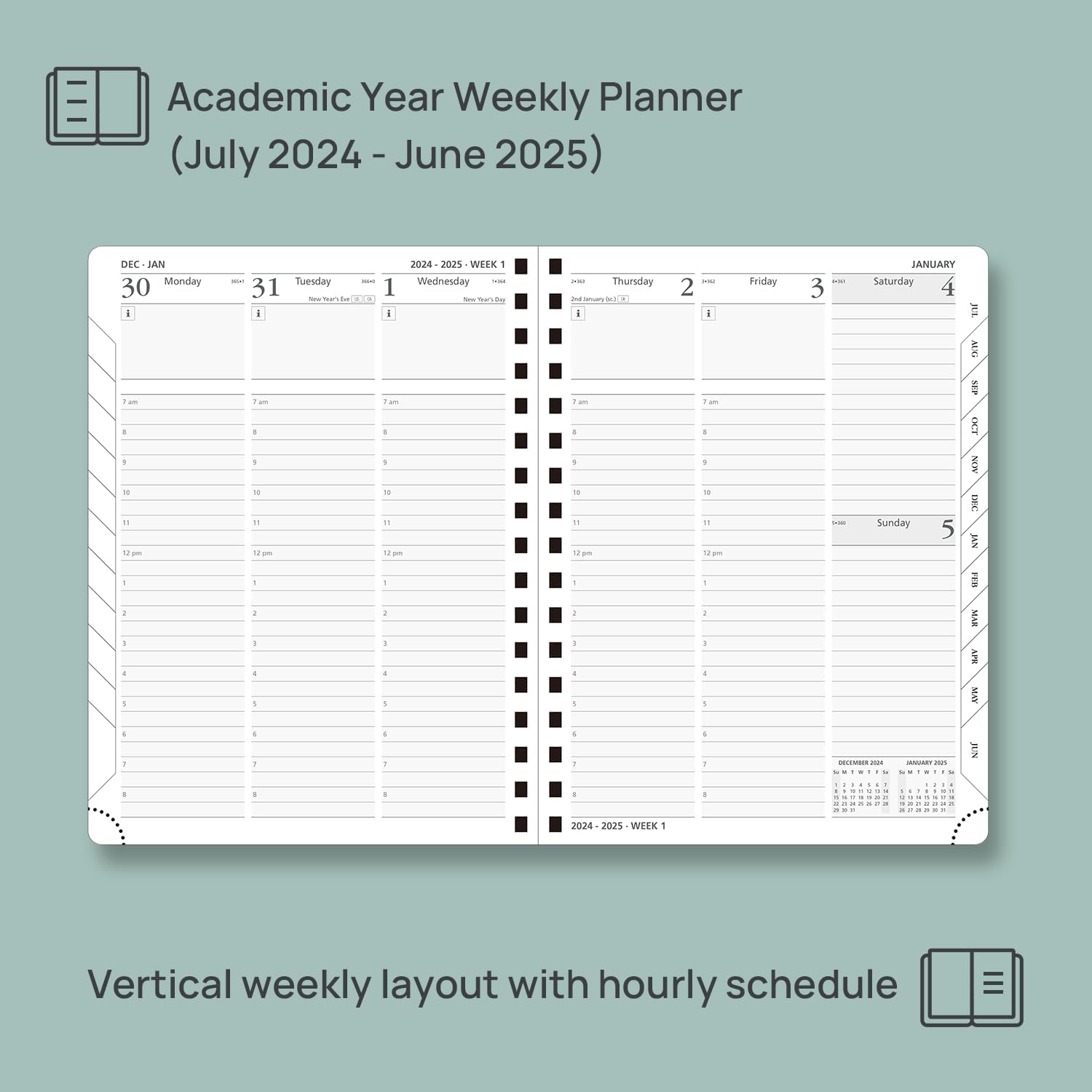 POPRUN Planner 2024-2025 (6.5'' x 8.5'') Academic Year Calendar (July 2024 - June 2025) with Hourly Time Slots, Weekly & Daily Appointment Book for time Management, Leather Cover - Grey