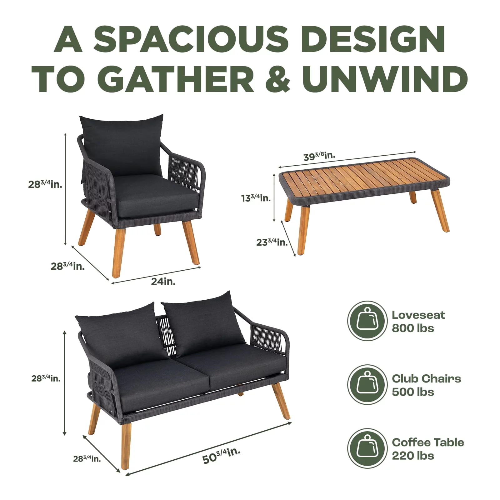 Aile Serene Wood Wicker Patio Conversation Set of 4, Thick Soft Cushions (Obsidian)