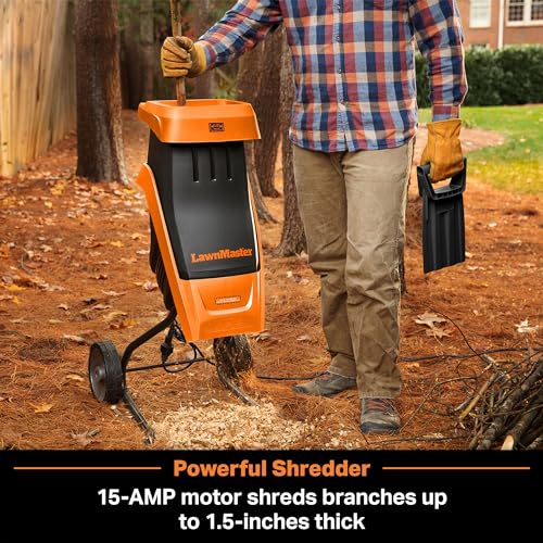 LawnMaster FD1501 Electric Wood Chipper Shredder 15-Amp 1.5-Inch Cutting Diameter Max 10:1 Reduction