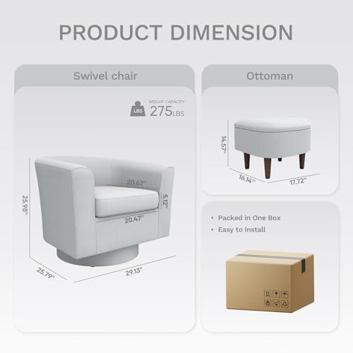 COLAMY Upholstered Swivel Barrel Accent Chair with Ottoman, Modern Single Sofa Lounge Armchair Club Chair with Storage Space for Living Room Bedroom Office, Beige,2pc