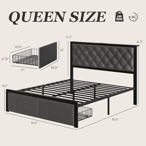 Queen Bed Frame with 2 Storage Drawers, Upholstered Headboard Button Tufted Bed Frame with Charging Station, No Box Spring Needed, Noise-Free, All Metal Structure, Grey