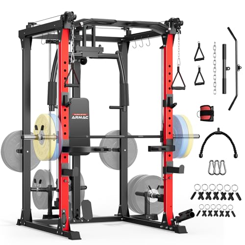 ARMAC Smith Machine, Multi-Functional Power Cage for Home Gym, 2000LBS Squat Rack with Two LAT Pull-Down Systems, Cable Crossover Machine and and More Cable Attachment