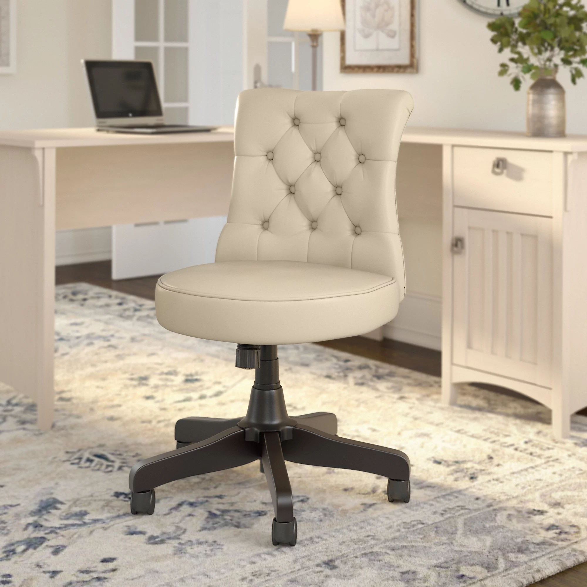 Bush Furniture Cabot Mid Back Tufted Office Chair in Antique White Leather