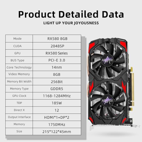 AISURIX RX 580 Graphics Card, 2048SP, Real 8GB, GDDR5, 256 Bit, Pc Gaming Video Card, 2XDP, HDMI, PCI Express 3.0 with Freeze Fan Stop for Desktop Computer Gaming Gpu