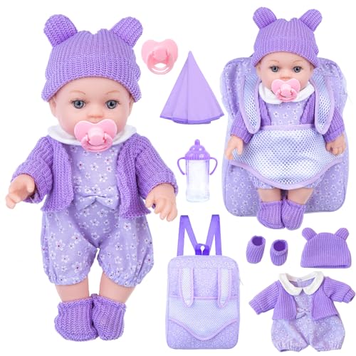ZNTWEI 12 Inch Backpack Baby Doll Playset with Washable Dolls and Accessories Includes Backpack, Bottles, Nipple, Blankets, Hats, Clothes, Socks First Baby Dolls for Toddlers 3 Years and Up