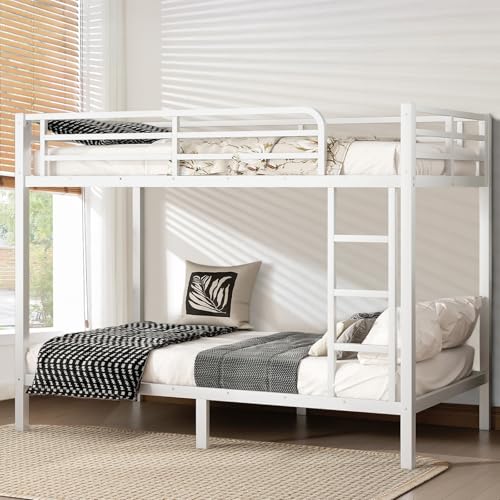 Twin XL Over Twin XL Bunk Bed Frame, Heavy Duty Metal Loft Bed for Adults/Teens, 400/600LB Capacity w/Ladder & Guardrail, Noise-Free Steel Slats, No Box Spring Required, Black