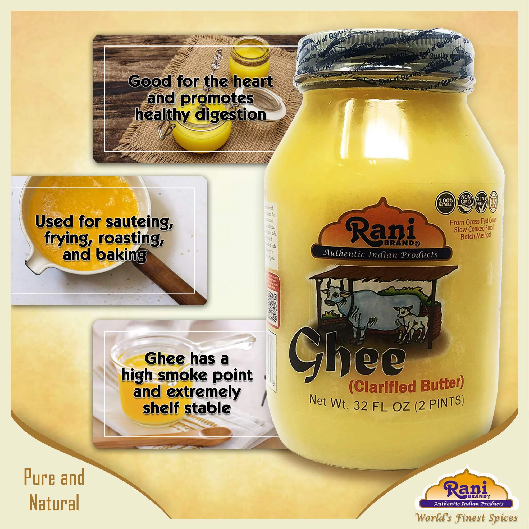 Rani Ghee Pure & Natural from Grass Fed Cows (Clarified Butter) 2lbs (32oz) ~ Glass Jar | Paleo Friendly | Keto Friendly | Gluten Free | Product of USA