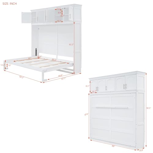 Horizontal Murphy Bed Full Size Hidden Murphy Bed with Storage Cabinet, Foldable Wall Bed for Bedroom Living Room Guest Room, White