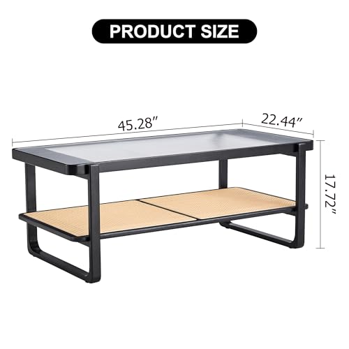 Mid Century Modern Coffee Table with Storage, 41.3 Inch Rectangle Wooden Accent Center Tables with Sliding PE Rattan Woven Door Panel and Solid Wood Legs, Suitable for Living Room, Apartment