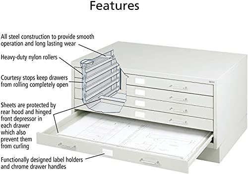 Safco Products 4969LG Facil Steel Flat File, 5 Drawer Metal Cabinet, Small (Optional Base Sold Separately), Light Gray