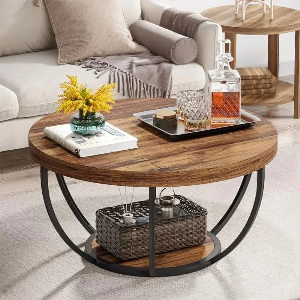 Round Coffee Table  Industrial 2-Tier Circle Coffee Table with  Shelves  JOMA 31.7" Wooden Accent Center Table for Living Room   Office  Rustic Brown