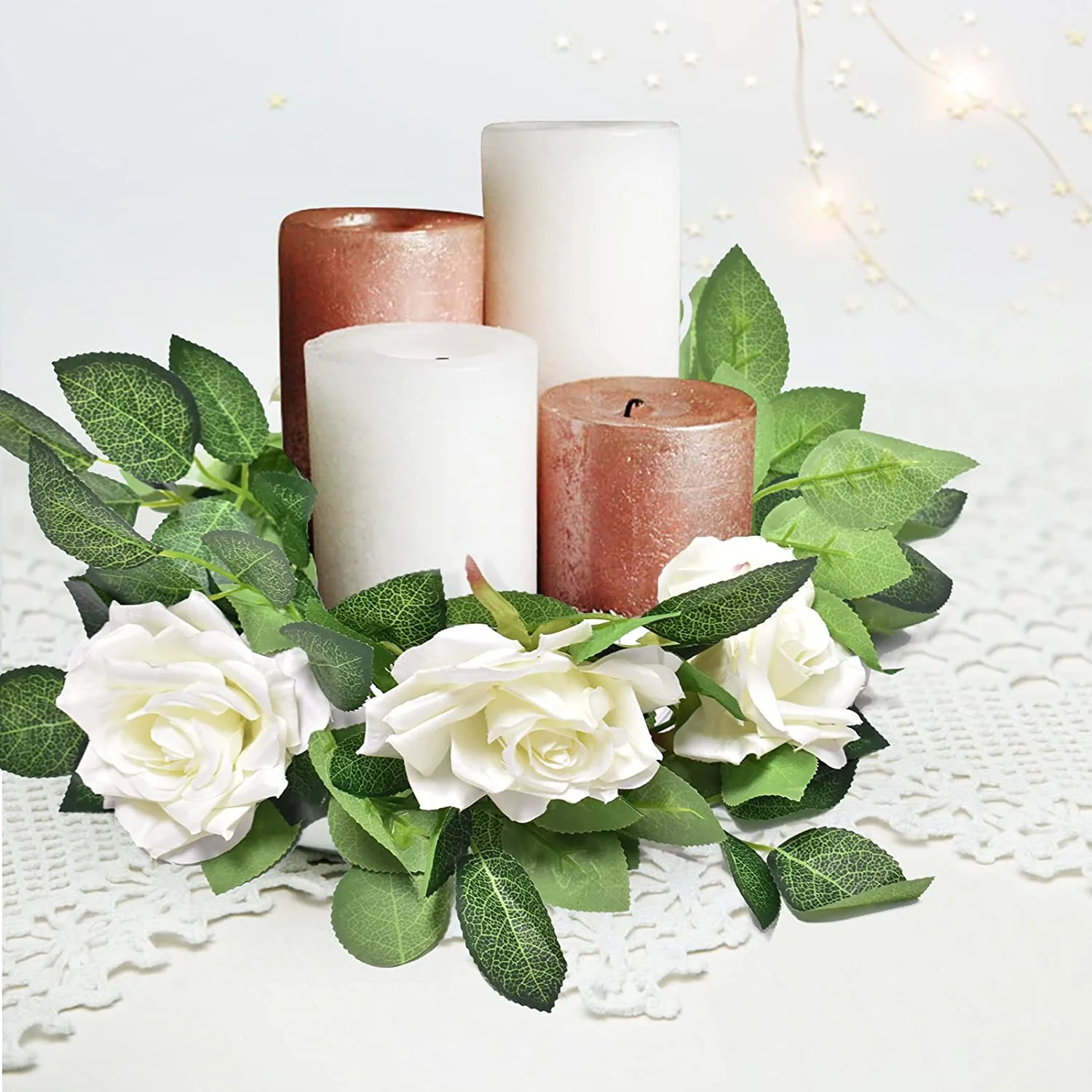 Samhe 3Pack 19.68FT Artificial Flower Garland, Eucalyptus Floral Garland Fake Rose Vines for Garden Weddings Arch Decor, Home Party Table Wall Backdrop Decorations (White Roses, 6.56ft/Pack)