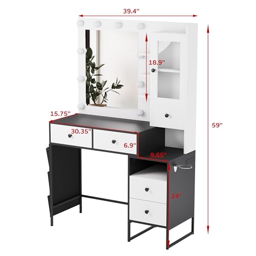 Makeup Vanity Desk with Mirror and 10 Lights, 3-Colour Hollywood Brighter Bulbs, Vanity Table Set with Large Drawers and and Charging Station for Bedroom Dressing Room White