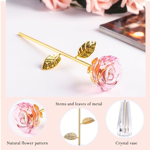 Movdyka Crystal Pink Rose Flowers Gifts for Women Mom Wife Girlfriend Glass Rose Golden Stem with Crystal Vase Figurine Collectible Decor for Home Wedding Anniversary Valentine's Day