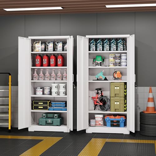 DEVAISE Metal Storage Cabinet with 2 Doors and 5 Adjustable Shelves, 71'' Lockable Steel File Cabinet, White for Home, Office, Garage, School, Gym