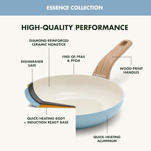 GreenPan Rio Essence Wood 10 Piece Cookware Pots and Pans Set, Healthy Ceramic Nonstick, PFAS PFOA Free Coating, Induction, Silicone Rim Lids, Stay-Cool Wood Print Handles, Dishwasher Safe, Blue