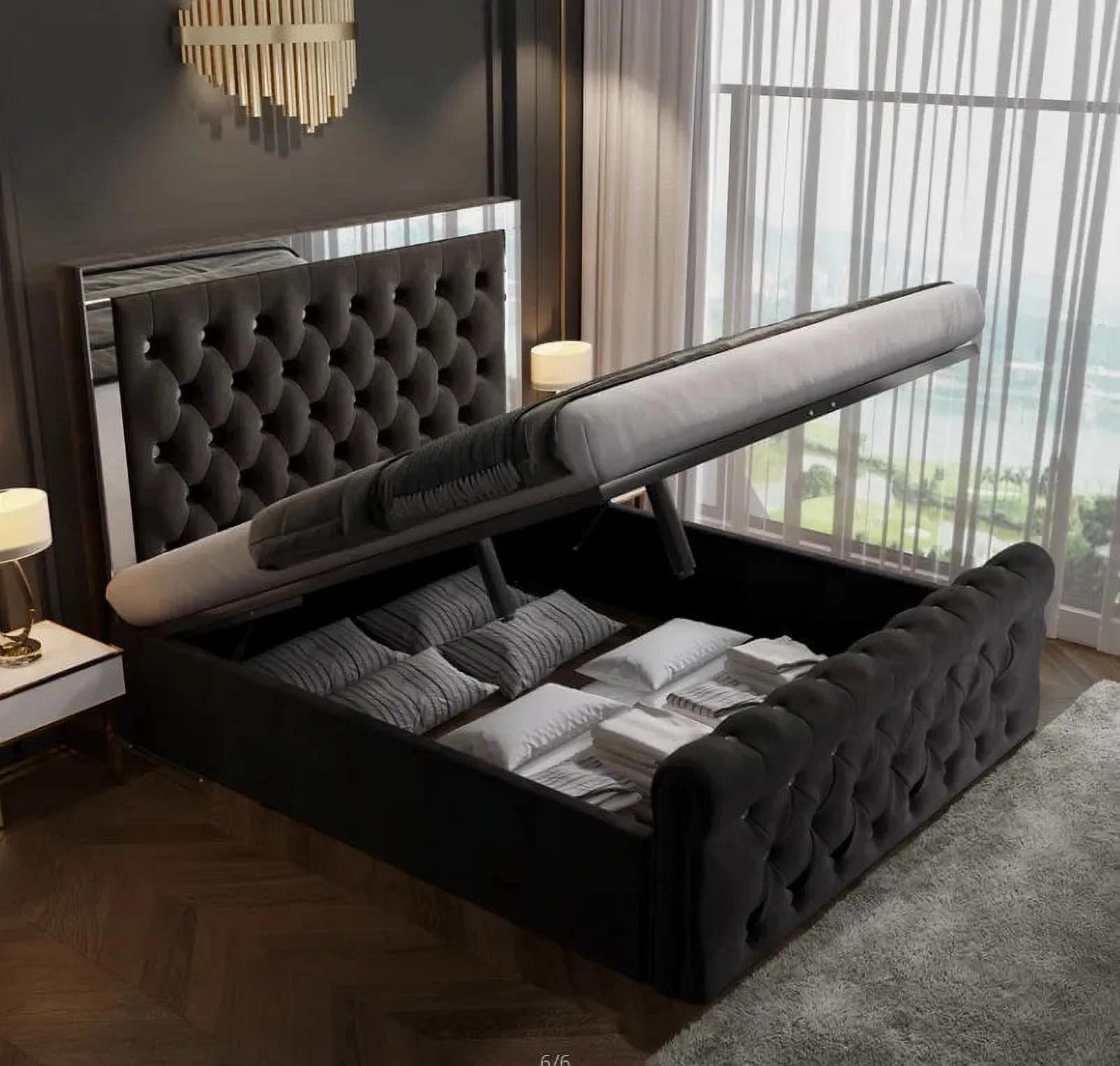 Headboard with Mirror Crystal Luxury Double Queen King Ottoman Gas Lift Velvet Fabric Upholstered Bedroom Furniture