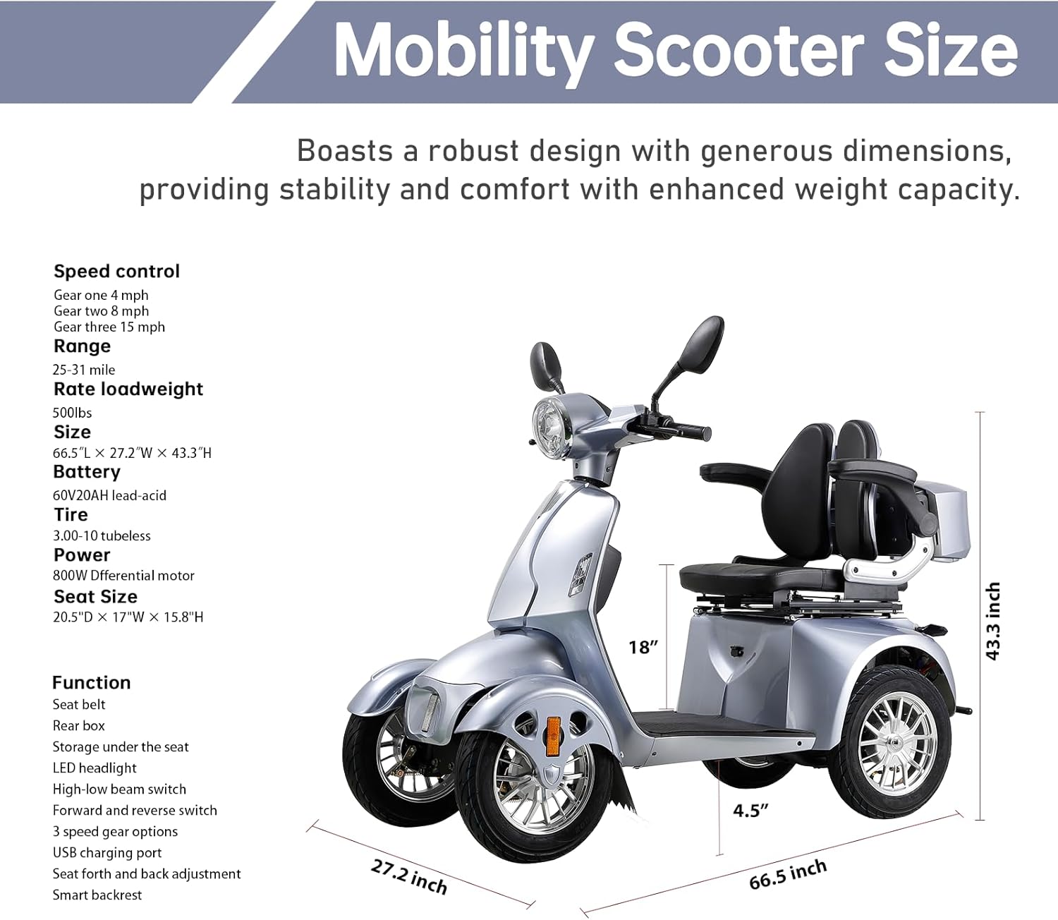 800W Heavy Duty 4 Wheel Mobility Scooters for Seniors & Adults 500lbs Capacity, Powered Mobility Scooters with 3-Speed Control & USB Charger Port, Under Seat Storage, Silver