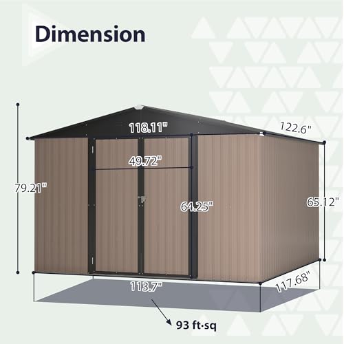 10x10 FT Ourdoor Storage Shed - All Weather Metal Storage Shed with Lockable Doors, Air Vents & Sloped Roof, Waterproof Heavy-Duty Utility and Tool Shed for Garden, Backyard, Patio, Brown