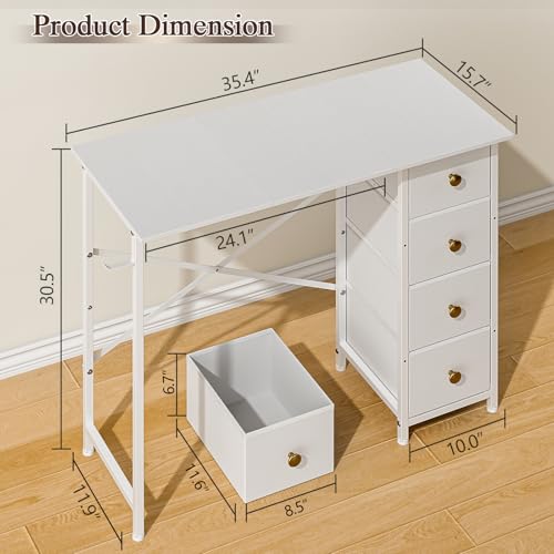 Vanity Desk No Mirror, Small Makeup Vanity with 4 Fabric Drawers, White Dressing Table for Small Spaces, 35.4 Inches Girls Makeup Table Bedroom