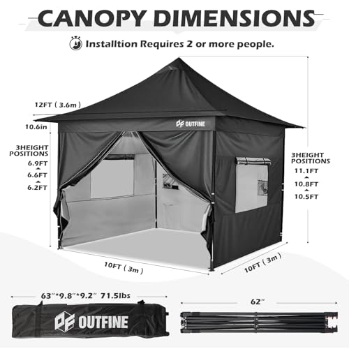 OUTFINE Heavy Duty Canopy 10x10 Pop Up Commercial Canopy Tent with 3 Side Walls Instant Shade, Bonus Upgrade Roller Bag, 4 Weight Bags, Stakes and Ropes (White, 10 * 10FT)