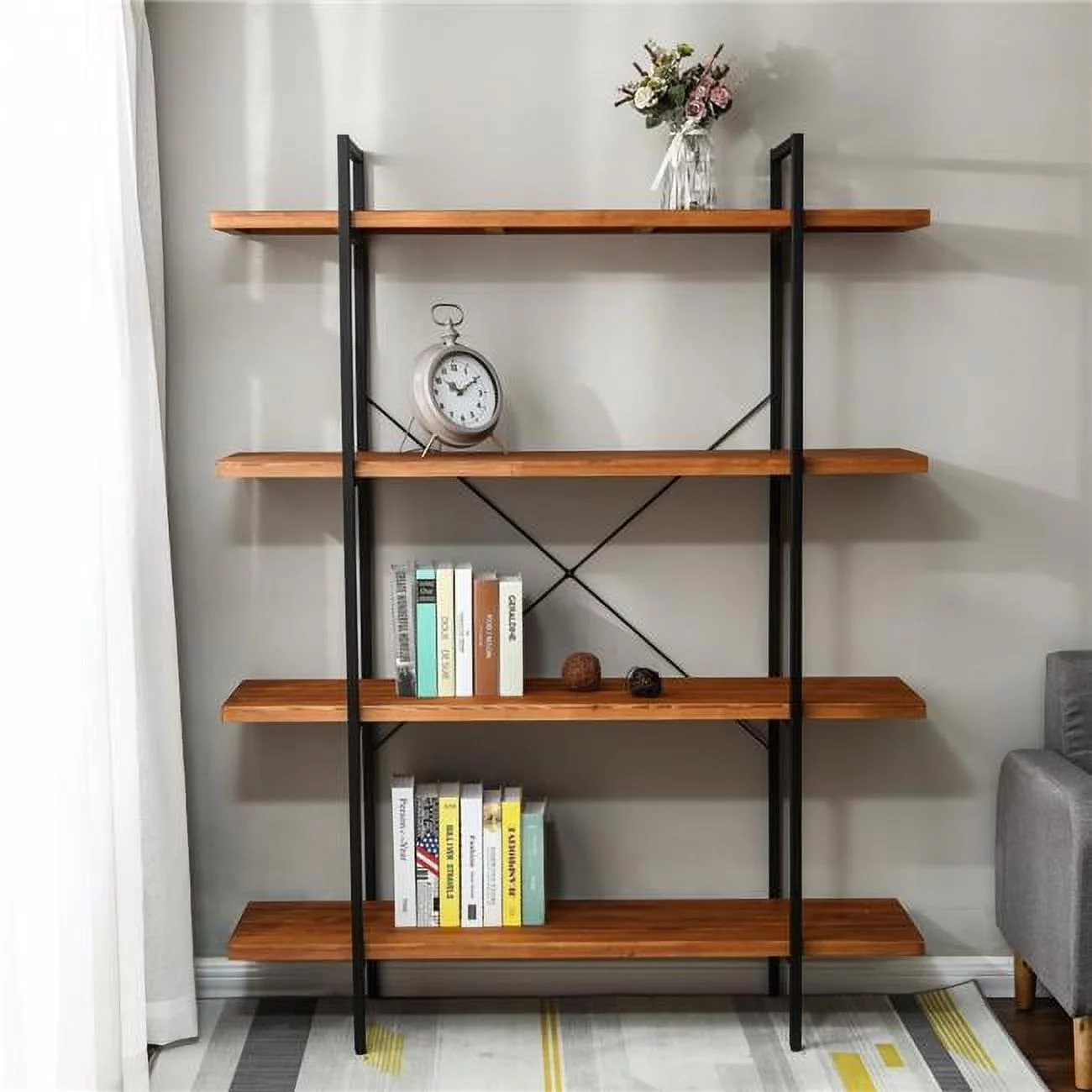 LuxenHome Brown Wood Metal Frame 4-Shelf Bookcase