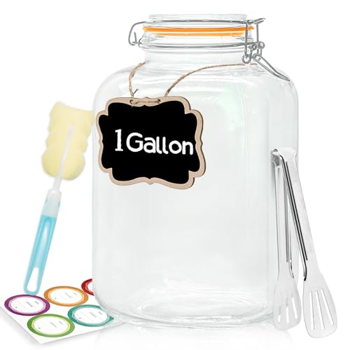 5 Pack 128oz Glass Jar with Airtight Lids,1 Gallon Large Wide Mouth Glass Mason Jar,Glass Storage Jar with 6 Label,Chalkboard,Kitchen Tongs - Large Capacity Jar for Pickle,Oats,Pasta