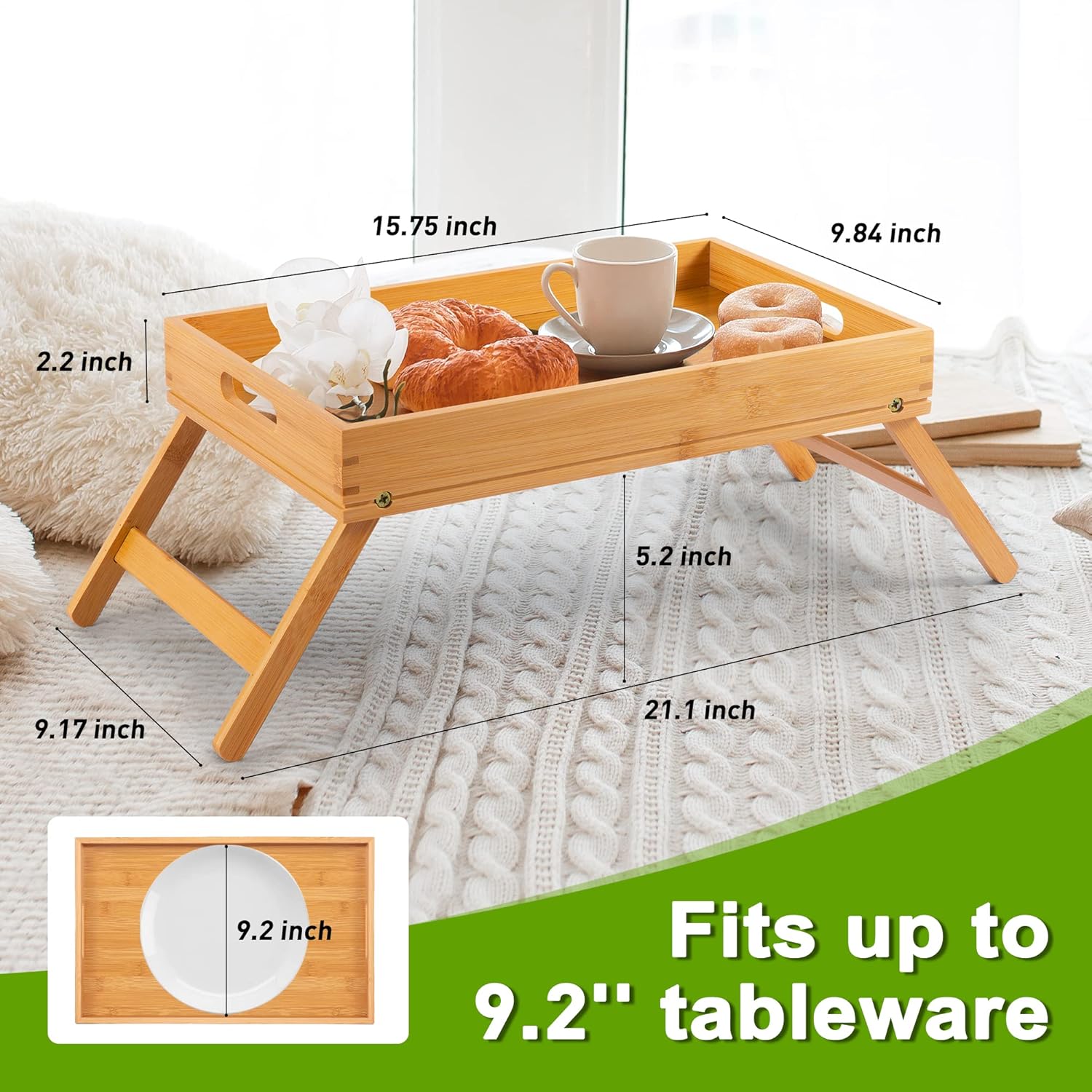 Bed Tray Table with Folding Legs for Eating Serving Tray with Handles Bamboo Breakfast Food Table Comes with Phone Holder Portable Snack Platter for Bedroom Hospital Picnic
