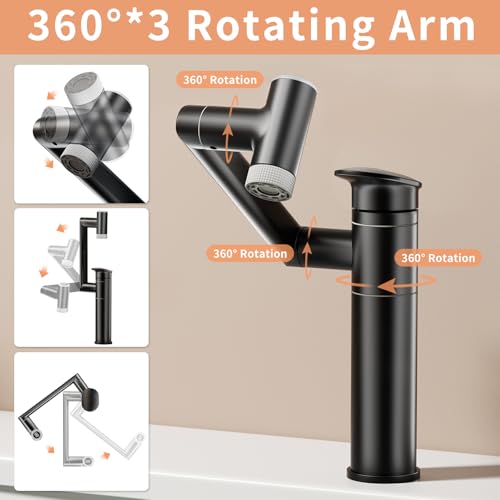 SINGSUO 1080°Rotatable Bathroom Vanity Faucet 1 Hole, Height Adjustable Single Handle Sink Faucet Bathroom with 2 Water Outlet Modes, Bar Sink Tap Single Hole with Temperature Display (Black)