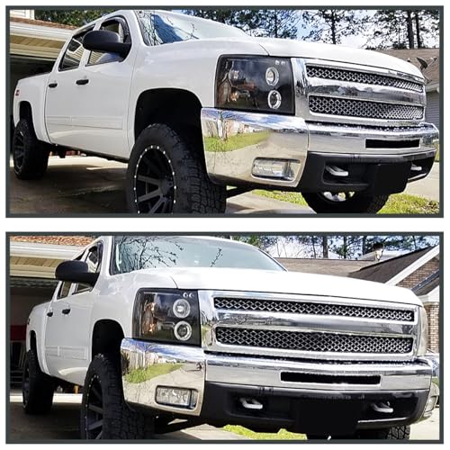 SPEC-D TUNING LED + Halo Jet Black Housing Clear Lens Projector Headlights Compatible with 2007-2013 Chevy Silverado 1500, 2007-2014 Chevy Silverado 2500HD/3500HD Left + Right Pair Headlamps Assembly