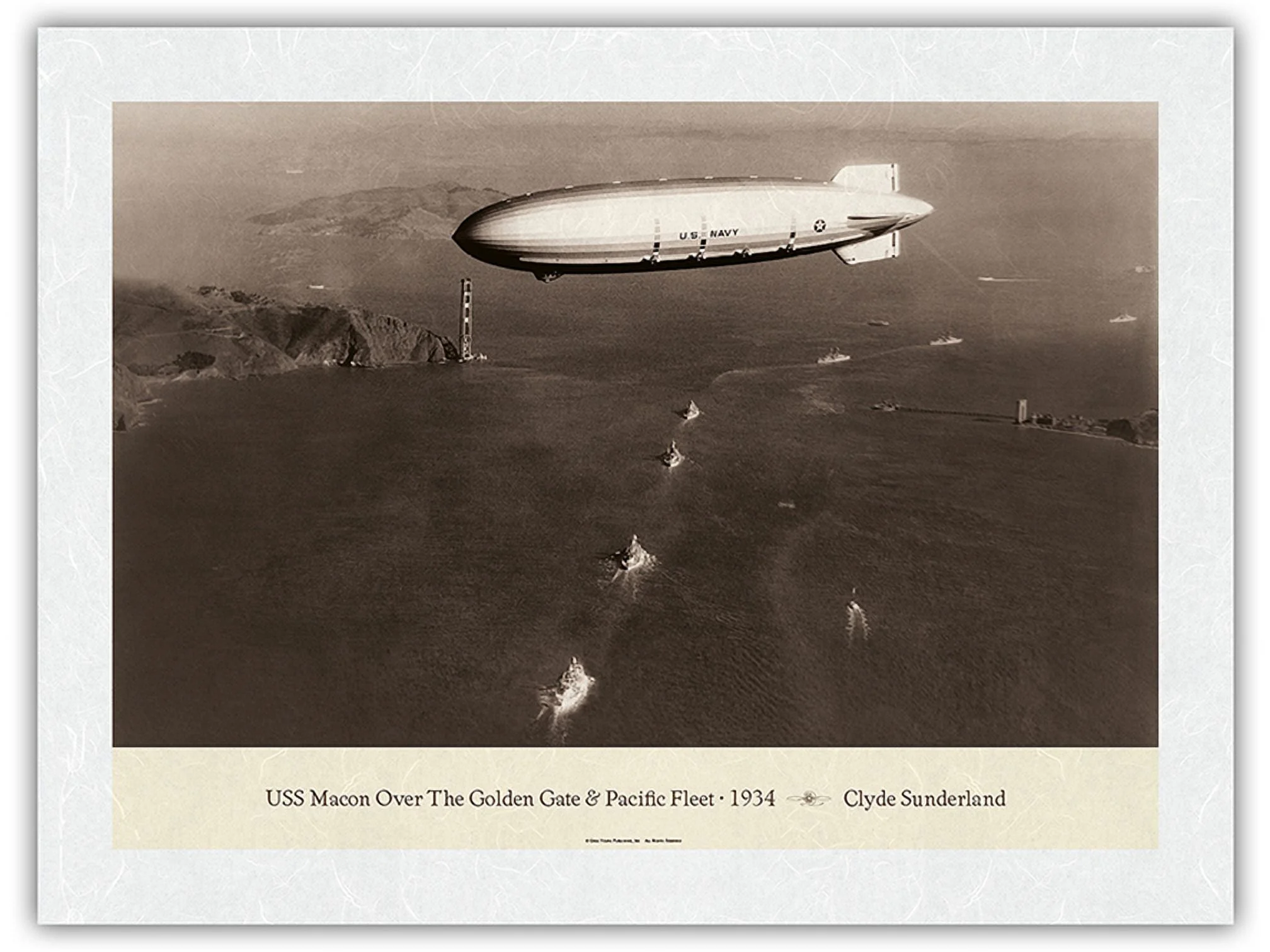 USS Macon (ZRS-5) - Over The Golden Gate Bridge and Pacific Fleet 1934 - United States Navy - Vintage Aviation Poster by Clyde Sunderland - Japanese Unryu Rice Paper Art Print (Unframed) 18 x 24 in