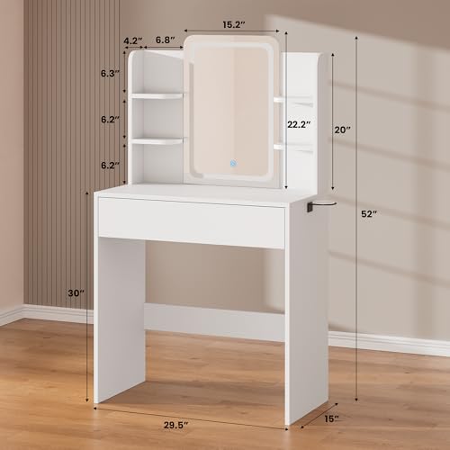 HAIOOU Small Vanity Desk with Mirror and Lights, Makeup Vanity Desk with Storage Drawer, Compact Dressing Table with 3-Tier Open Shelf for Girls Women Bedroom (White)