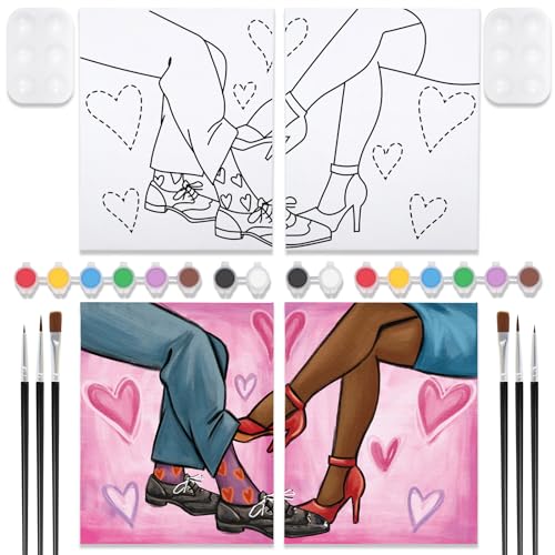 VOCHIC 2 Pack Sip and Paint Kit, Pre Drawn Canvas for Painting for Adults, Couple Shoes Love Theme Date Night Games Outline Canvas Art Set Valentine's Day Gift Favor, Paints Brushes Pallets(8x10)
