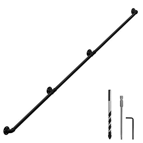 6.6FT Industrial Pipe Wall Handrail, Farmhouse Stairway Railing with 1-1/4 Inch Diameter Pipe, Vintage Style Stairs Handrail, Wall Mounted, Matte Black