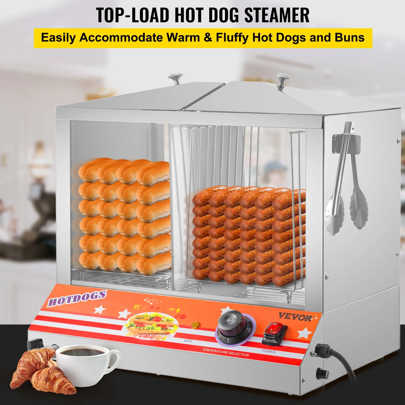 BENTISM Hot Dog Warmer,Top Load Hut Steamer for 100 Hot Dogs&48 Buns,Stainless Steel food warmer with Bun Warmer,Electric Bun Warmer Cooker with Tempered Glass Partition Plate Shelves