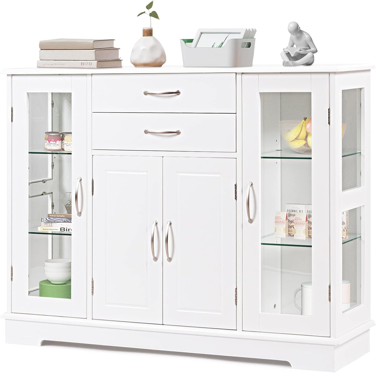 Giantex Sideboard Buffet Server Storage Cabinet W/ 2 Drawers, 3 Cabinets and Glass Doors for Kitchen Dining Room Furniture Cupboard Console Table (White)